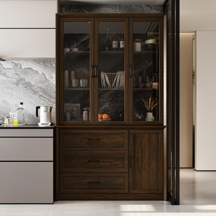 Elegant and functional, this kitchen display cabinet features three transparent glass doors and three smooth-gliding drawers for ample storage. Crafted from PB, it offers superior dimensional stability and warp resistance compared to solid wood. The durable, easy-clean surface simplifies maintenance. Clean lines and a versatile dark brown finish, accented by black handles, create a sophisticated modern aesthetic suitable for any kitchen decor.