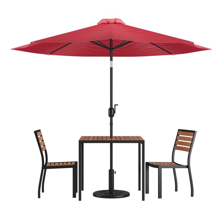 Flash Furniture Lark 5 Piece Patio Table Set - 2 Synthetic Stackable Faux Teak Chairs - 35" Square Faux Teak Table - Red Umbrella with Base