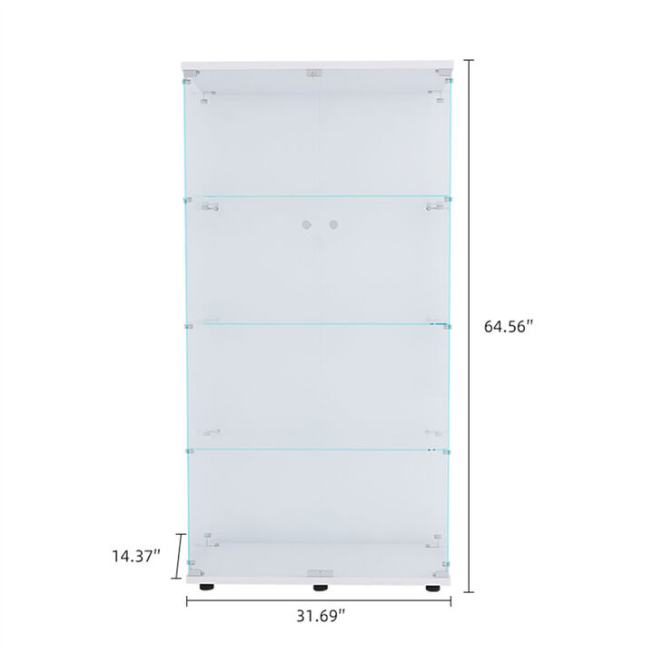 Two Door Glass Cabinet Glass Display Cabinet with 4 Shelves, White