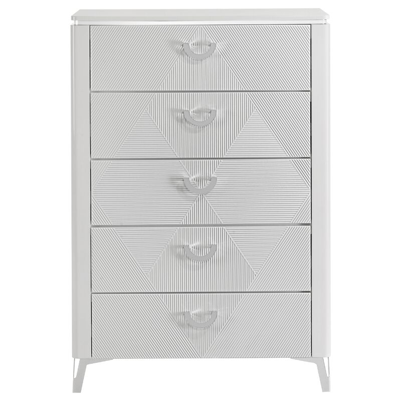 Ivana Tall Dresser Chest with 5 Drawers, Geometric Front, White Wood image number 2