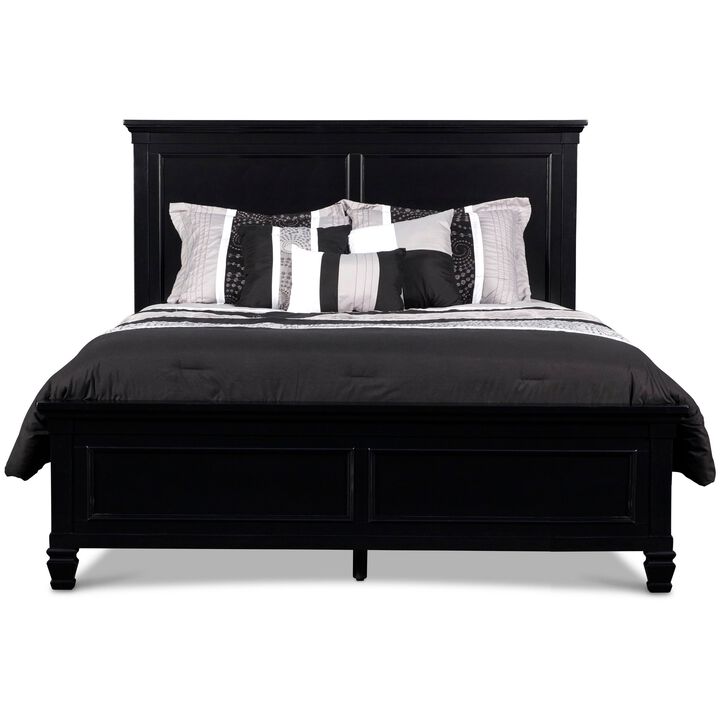 Umi King Size Bed, Classic Panel Design with Molded Details, Black Wood - Benzara