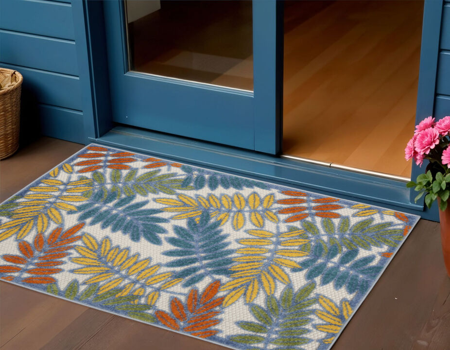 HomeRoots 3' X 5' Ivory Yellow Orange Green And Blue Palm Leaf Indoor Outdoor Area Rug