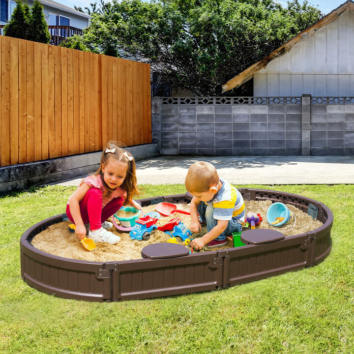 Kids Sandbox with Cover, Oval Sand Pit with 4 Corner Seats for Outdoor Play