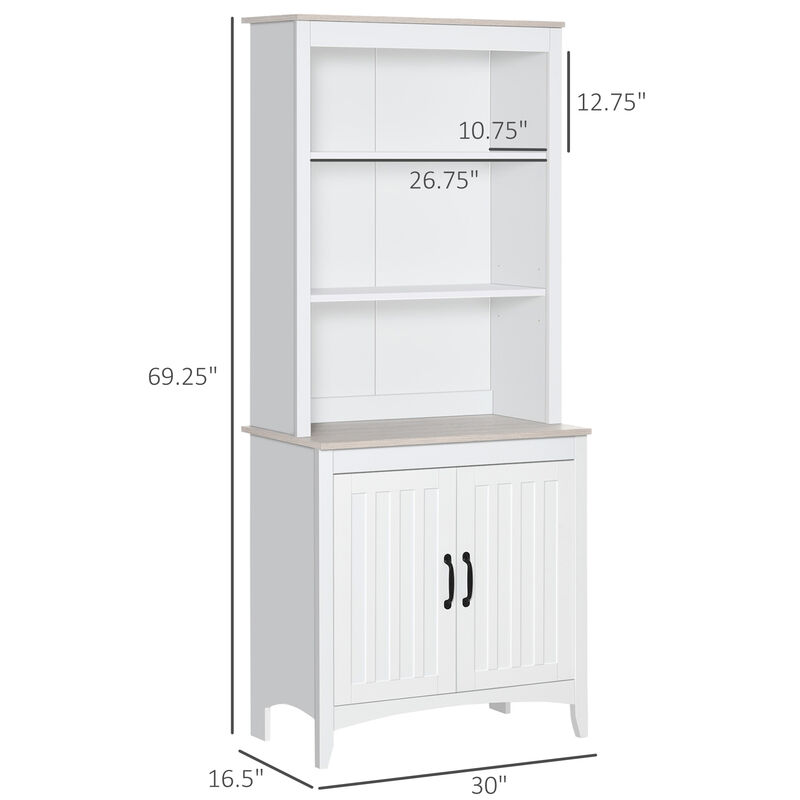 HOMCOM 70" Kitchen Hutch, Freestanding Storage Pantry Cabinet with 3-Tier Shelving, Sideboard with Adjustable Shelves and Open Countertop, White
