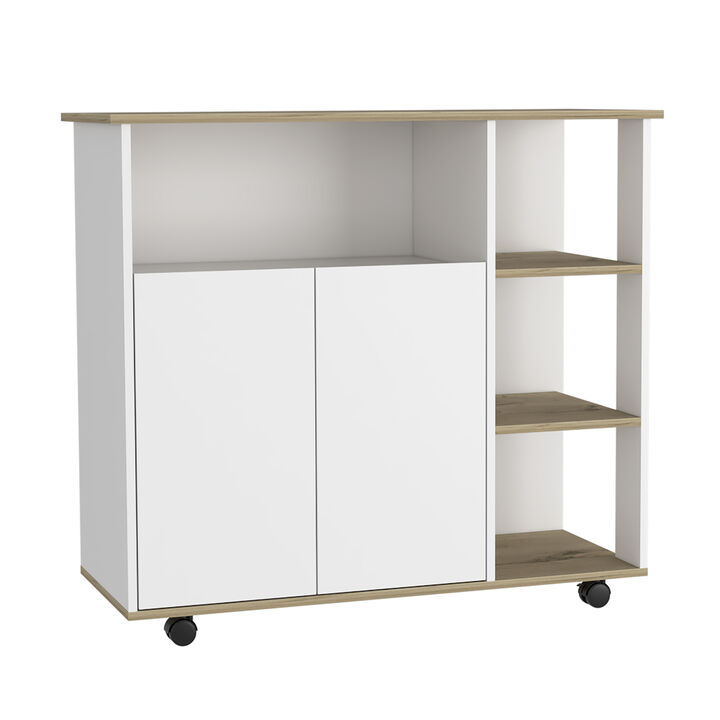 Thomas Kitchen Cart, Four Open Shelves, Double Door Cabinet, Four Casters, Light Oak / White