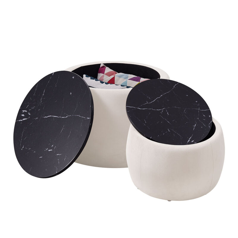 Set of 2 Nesting Round Storage Ottoman, Coffee Table Footstool with MDF Cover for Living Room, Bedroom, Top φ650x450,φ480x390,Beige