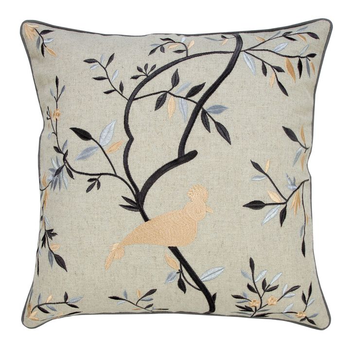 20" Beige and Blue Embroidered Botanical Bird Square Throw Pillow