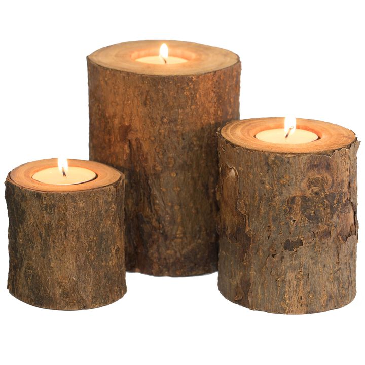 Bark Wooden Pillar Tree Stump Tea Light Rustic Candle Holder - Set of 3