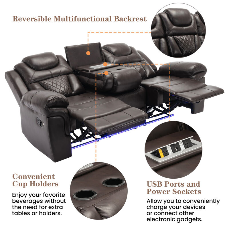 Merax Home Theater Seating Manual Recliner Chair with Center Console and LED Light