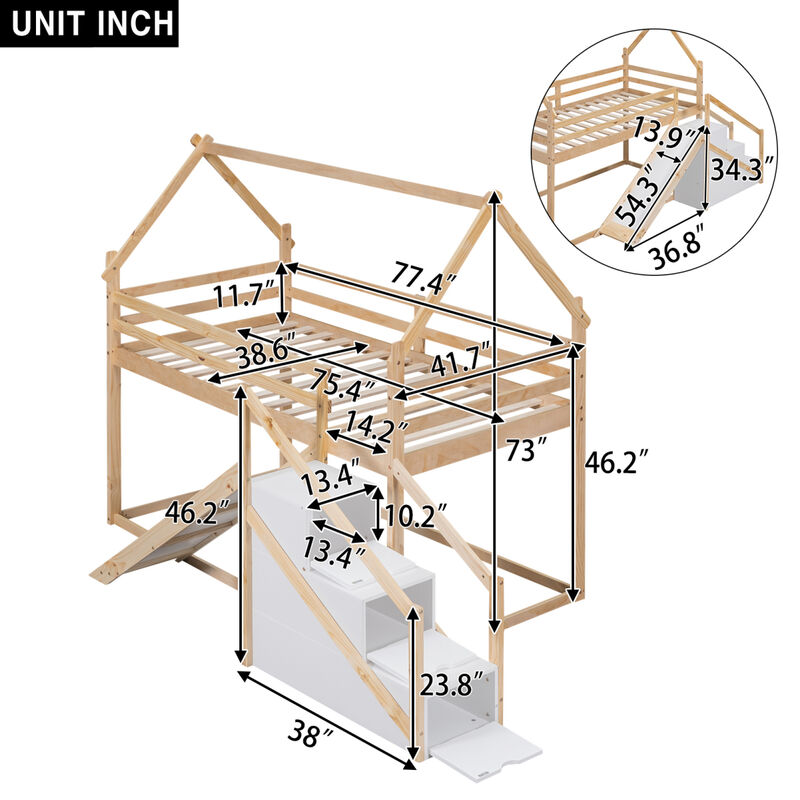 Twin Over Twin House Loft Or Bunk Bed With Slide And Staircase, Natural