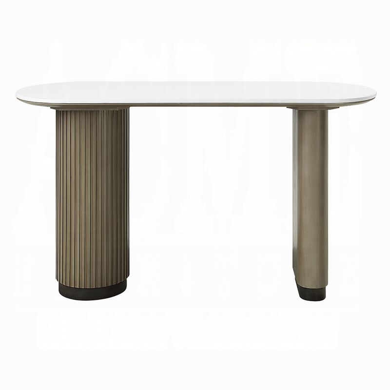 Jeh Sofa Console Table, 55 Inch White Oval Top, Pedestal Base, Oak Brown image number 2