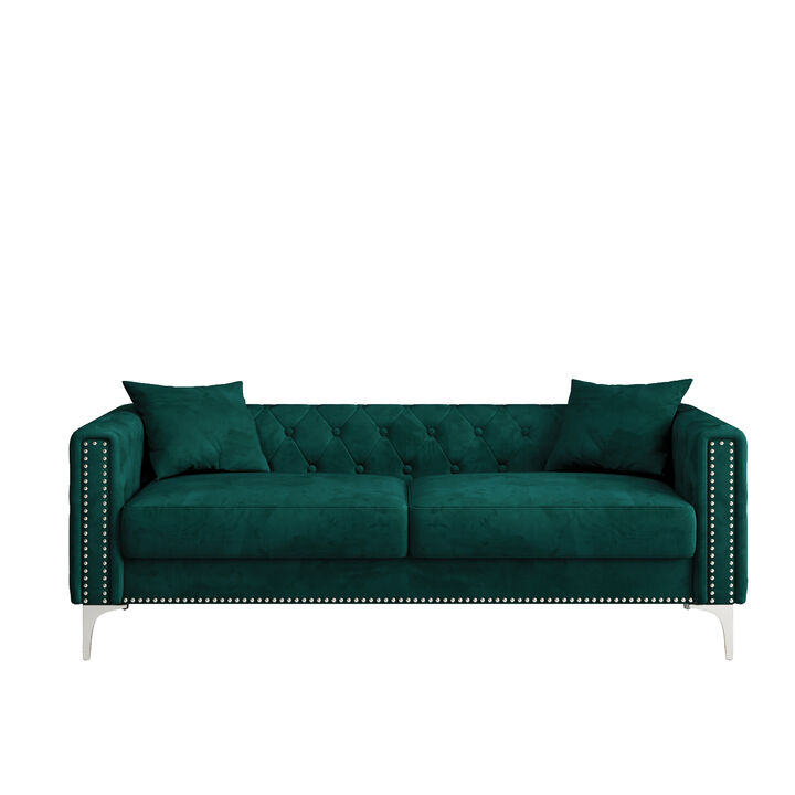 Sofa Includes 2 Pillows, 83 "Green Velvet Triple Sofa for Small Spaces
