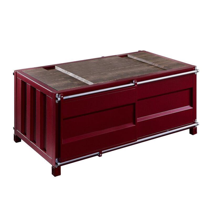 Container Style Coffee Table with Sliding Doors, Red-Benzara