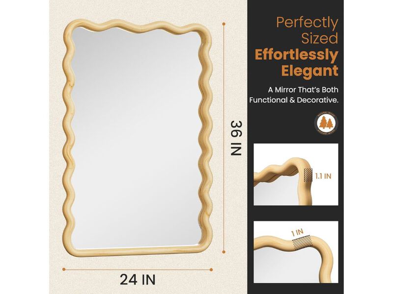 Wavy Wood Bathroom Vanity Mirror 36x24 Inch Natural Wood Frame Wall Mirror image number 2