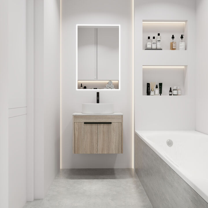 24 " Modern Design Float Bathroom Vanity With Ceramic Basin Set, Wall Mounted White Oak Vanity With Soft Close Door, KD-Packing, KD-Packing,2 Pieces Parcel(TOP-BAB400MOWH)