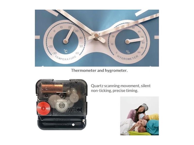 Temperature Humidity Blue Industrial Wall Clock 2 Inch Silent Non Ticking Metal image number 3