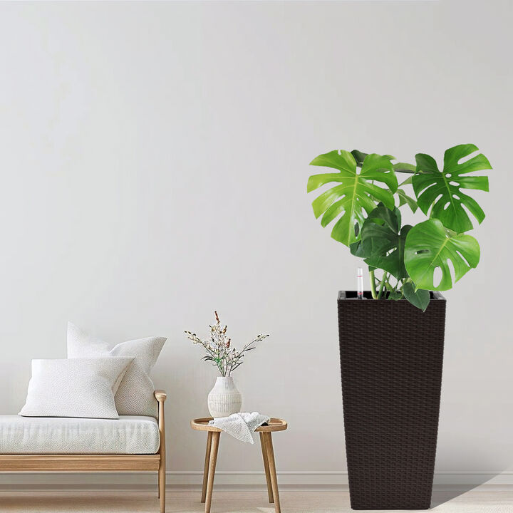 WOW PIONEER Pack of 2 Square 22-Inch High Faux Rattan Planters with Automatic Watering System for Porch, Patio, Backyard, Indoor and Outdoor Gardening Use