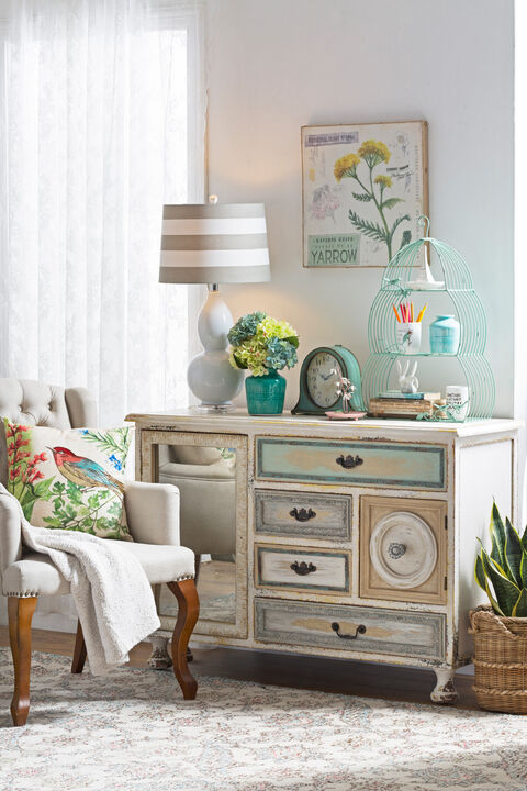 Decorative Metal Mantel Clock with Wooden Base, Distressed Aqua Blue Finish