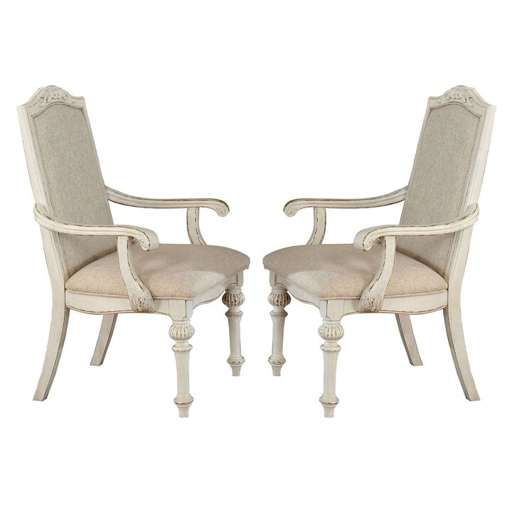 Rustic Wooden Arm Chair with Intricate Carvings, Set of 2, Antique White-Benzara