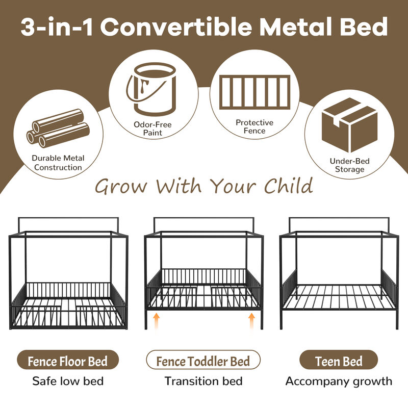 Merax Convertible Montessori Metal floor bed,Fenced toddler bed