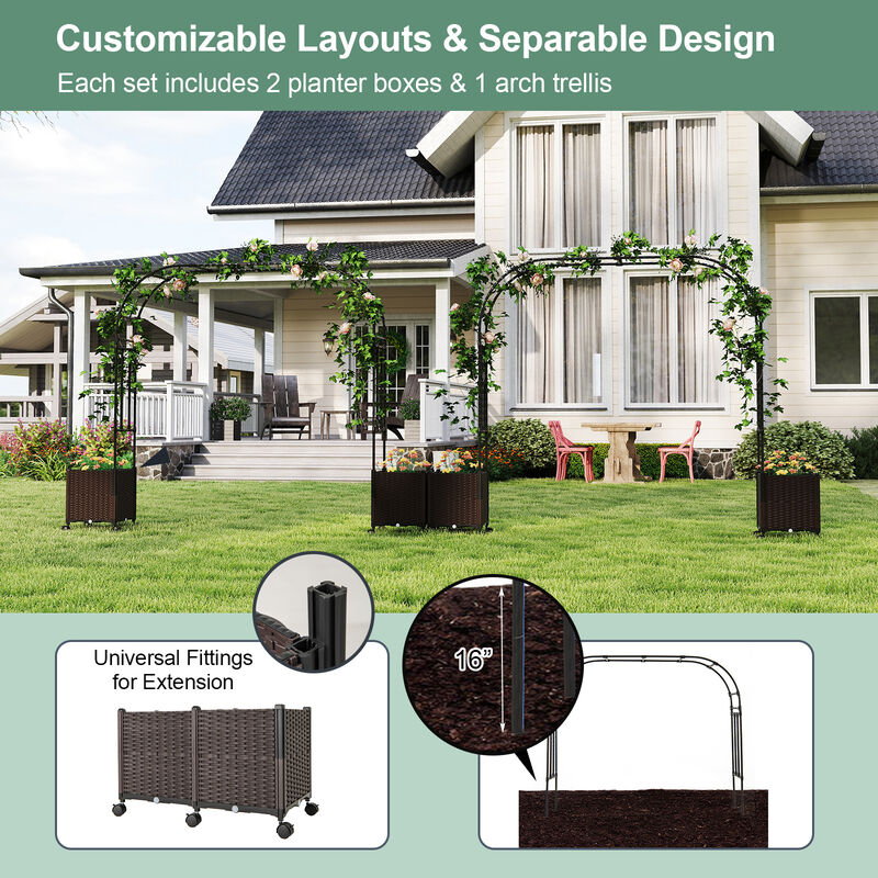Mobile Garden Arch Trellis with Planter Boxes and Lockable Wheels