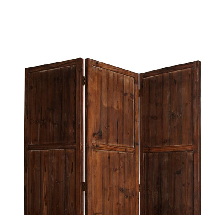 Wooden 3 Panel Room Divider with Plank Pattern, Brown-Benzara