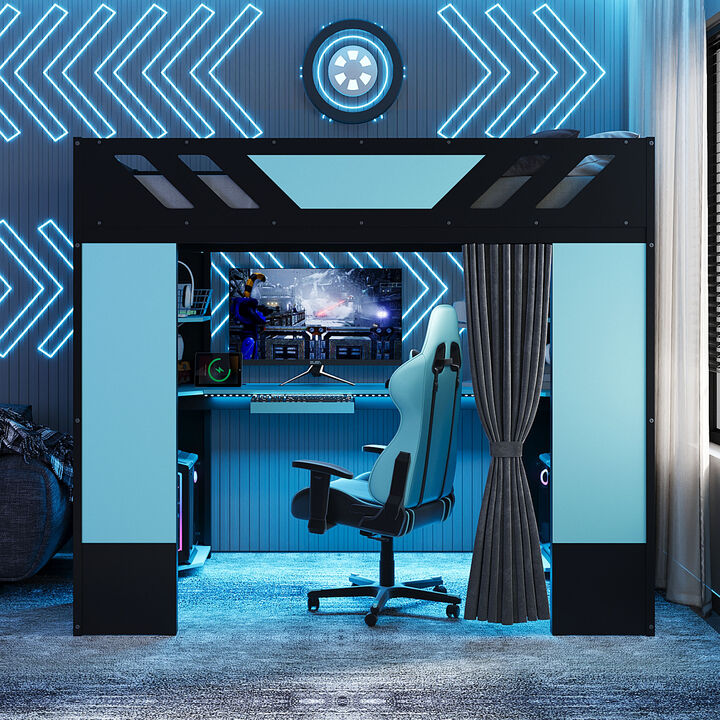 Merax Full Size All-in-One Wood Loft Bed with Workstation & RGB Lights
