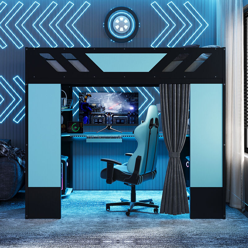 Merax Full Size All-in-One Wood Loft Bed with Workstation & RGB Lights image number 1