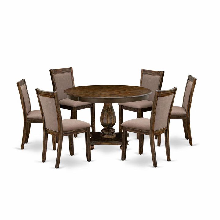 East West Furniture 7-Pc Table Set - Dining Table and 6 Coffee Color Parson Dining Chairs with High Back - Distressed Jacobean Finish