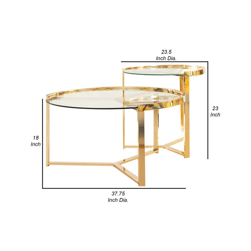 23 Inch Round Nesting Accent Tables, Glass Top, Metal Base, Set of 2, Gold