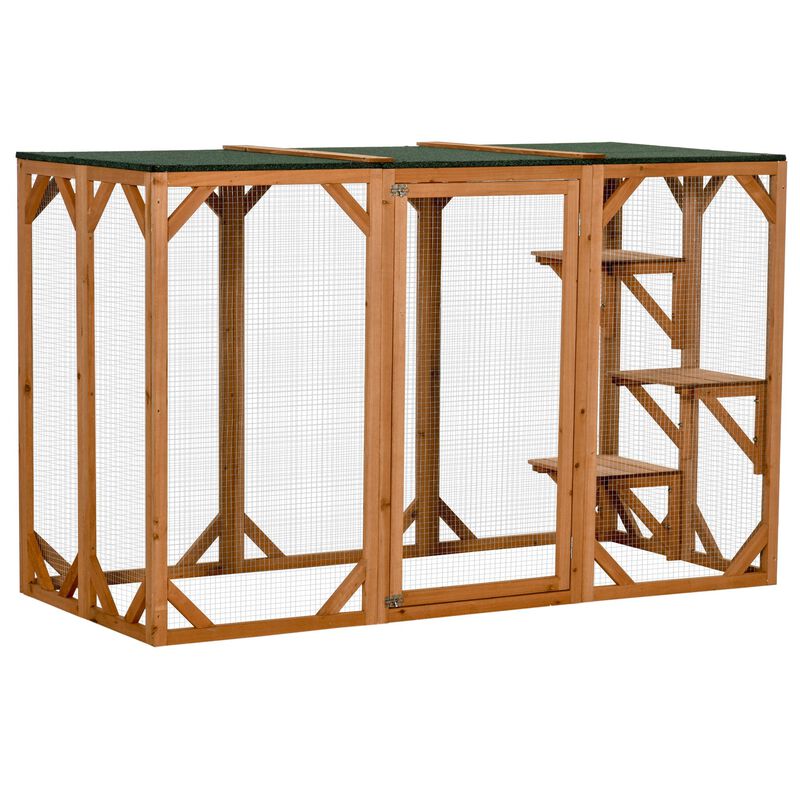 Orange Cat Paradise: 71"L Wooden Outdoor Multi-Level Enclosure