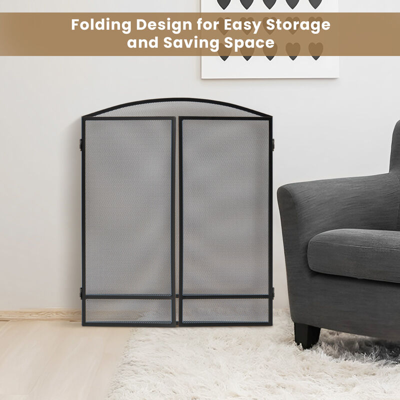 3-Panel Foldable Fireplace Screen with Wrought Metal Mesh-Black image number 7