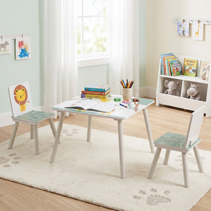 Kids Table and 2 Chairs Set for Ages 3-6 with Animal Prints