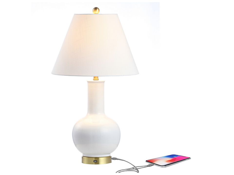 Han 27" Ceramic/Iron Contemporary USB Charging LED Table Lamp, White/Brass Gold