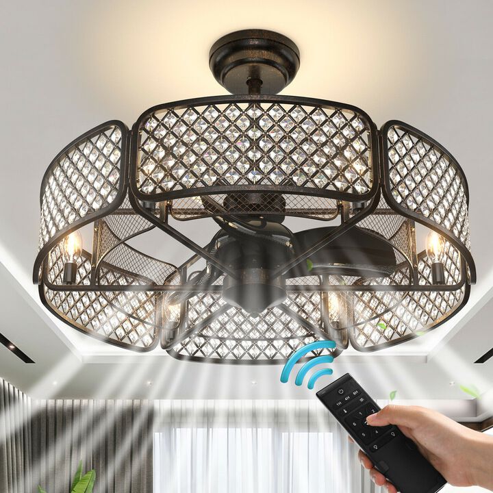 30 Inch Caged Ceiling Fan With Light Crystal Lampshade 6 Light Bases