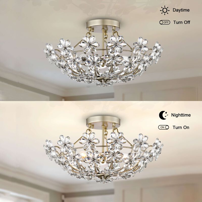 Maya Glam Brushed Silver-ish Champagne 3-Light 20" Daisy Crystal Glass Flower Blossom Flush Mount image number 8