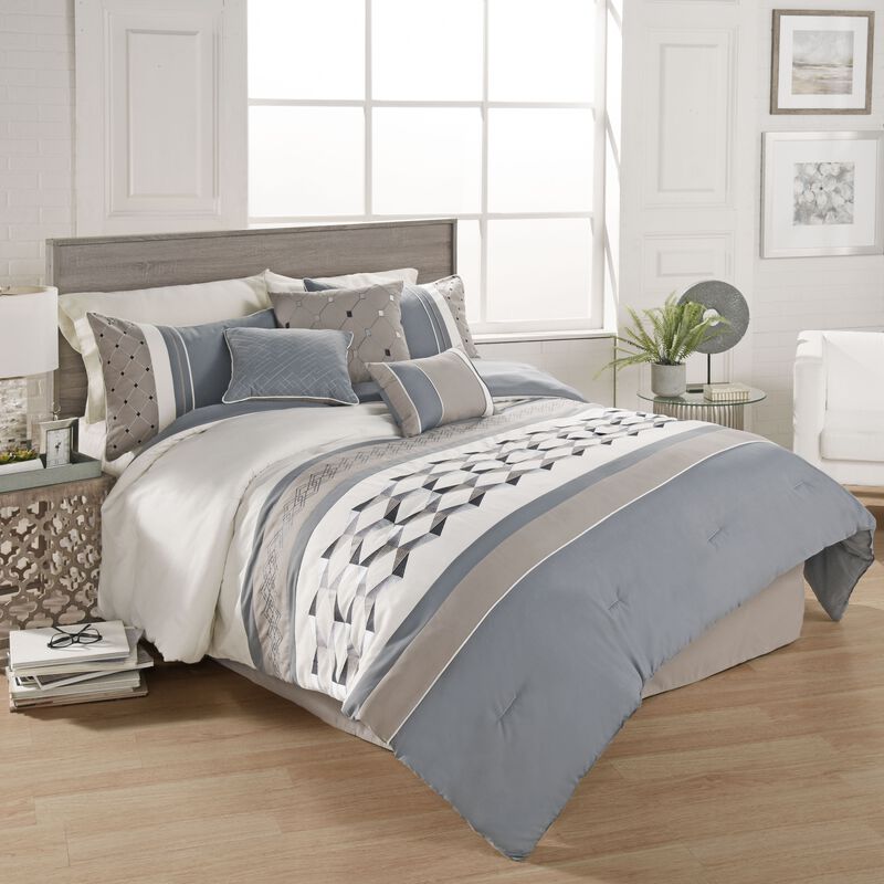 Blue Geo Embroidery 7 pc King Comforter Cover Set