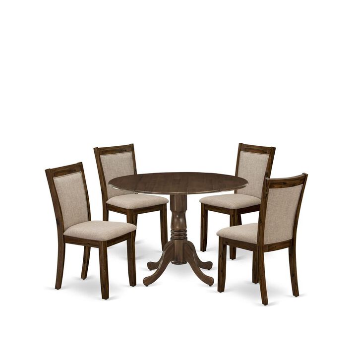 East West Furniture 5-Pc Dining Room Table Set Consists of a Wood Table with Drop Leaves and 4 Light Tan Linen Fabric Kitchen Chairs - Sand Blasting Antique Walnut Finish