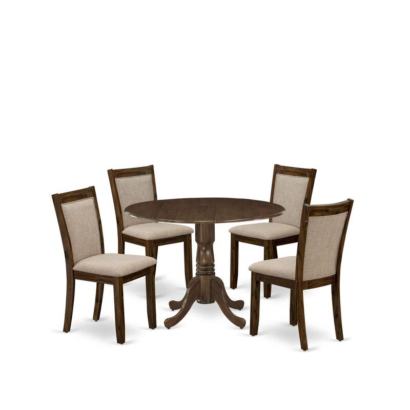 East West Furniture 5-Pc Dining Room Table Set Consists of a Wood Table with Drop Leaves and 4 Light Tan Linen Fabric Kitchen Chairs - Sand Blasting Antique Walnut Finish
