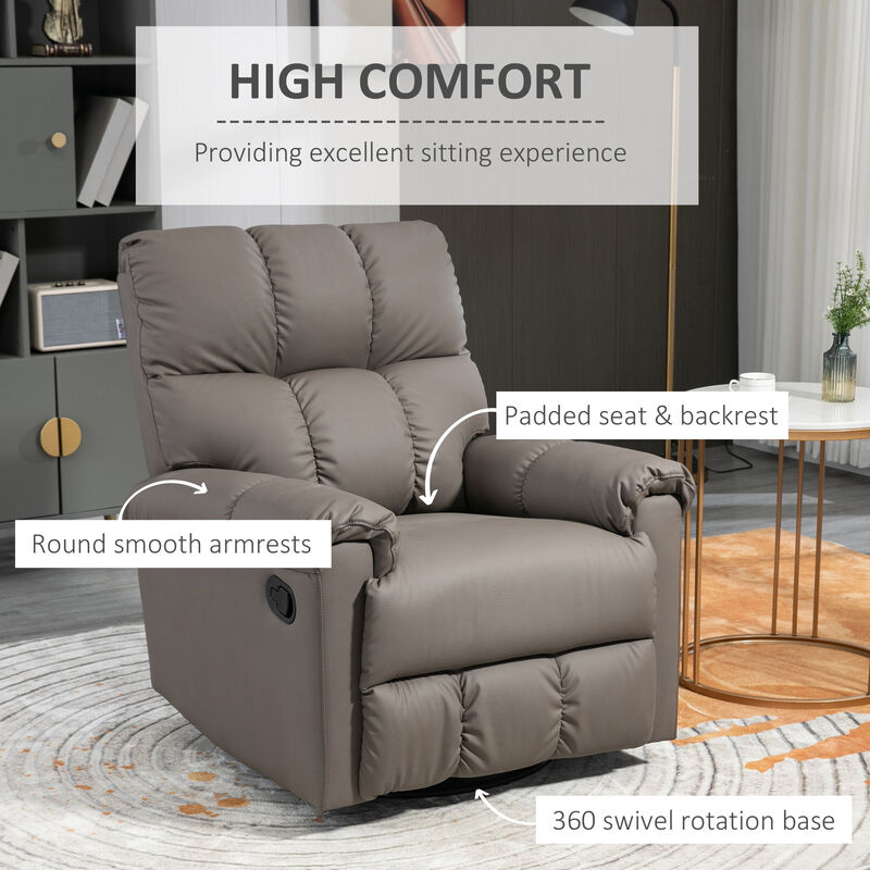 HOMCOM Rocker Recliner Chair with Overstuffed Back and Seat, Faux Leather Manual Reclining Chair with Footrest and 360 Swivel Rotation Base for Living Room, Brown