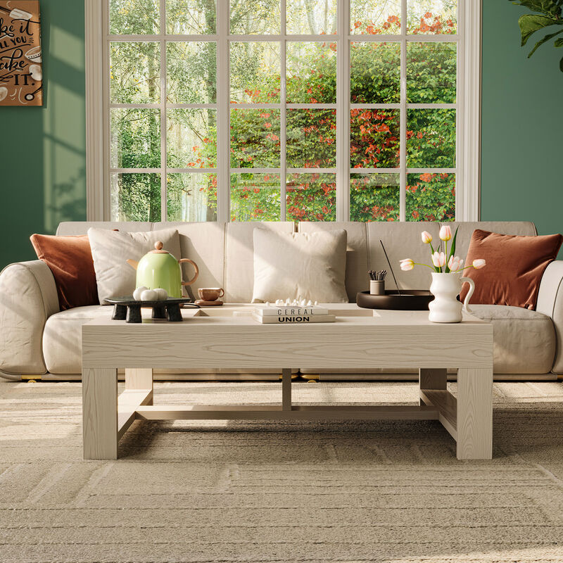 FUFU&GAGA Modern White Wood Coffee Table &ndash; Solid Wood, Spacious Tabletop with Built-in Storage, Sturdy Frame (47.2" W x 35.4" D x 15.8" H), White