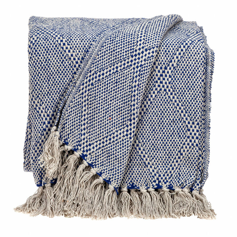HomeRoots Blue and Beige Woven Handloom Throw with Tassels image number 3