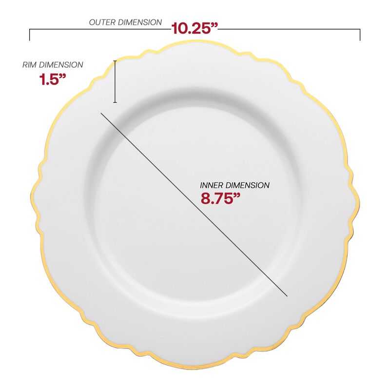 10.25" White with Gold Rim Round Blossom Plastic Dinner Plates (120 Plates) image number 2