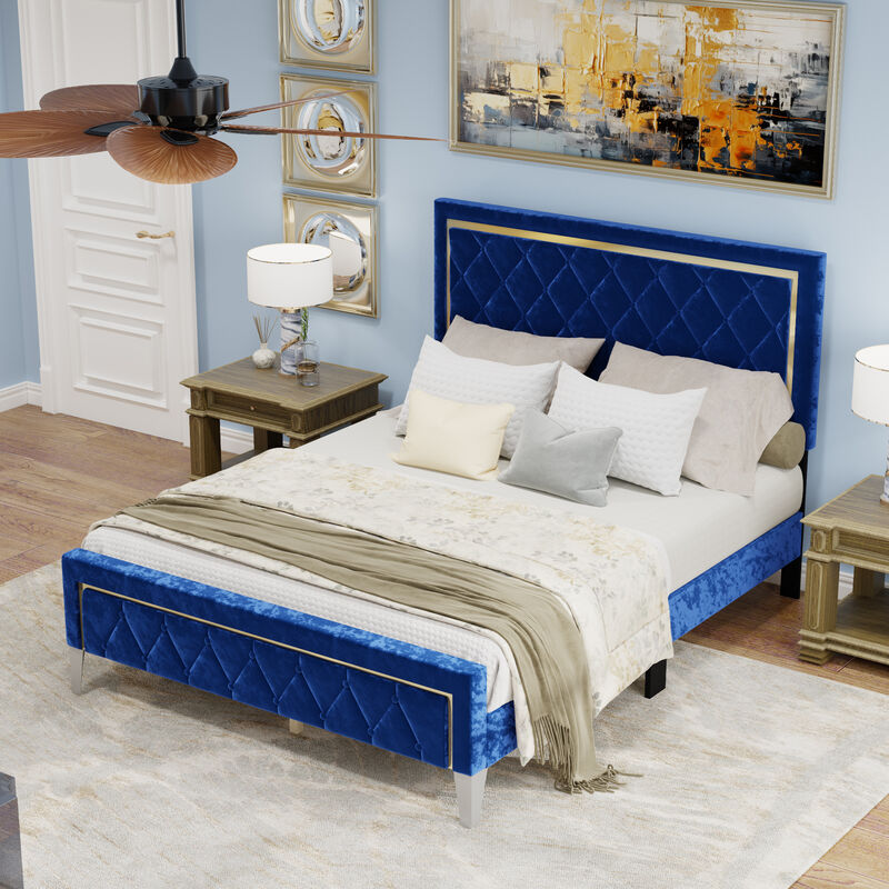 FUFU&GAGA Blue Upholstered Bed with Diamond Tufted Headboard, High Legs & Reinforced Frame, Luxurious Polyester Fabric, Spacious Queen Size (81.5 in. L x 62.2 in. W x 50 in. H)