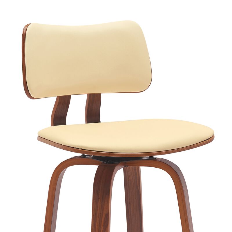 Pino 30 Inch Swivel Barstool Chair, Cream Faux Leather, Walnut Brown Wood - Benzara