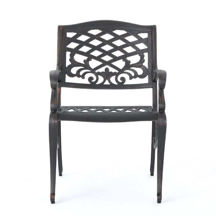 Toni Outdoor Armchair, Scrolled Lattice Pattern, Cabriole Legs Copper Metal - Benzara