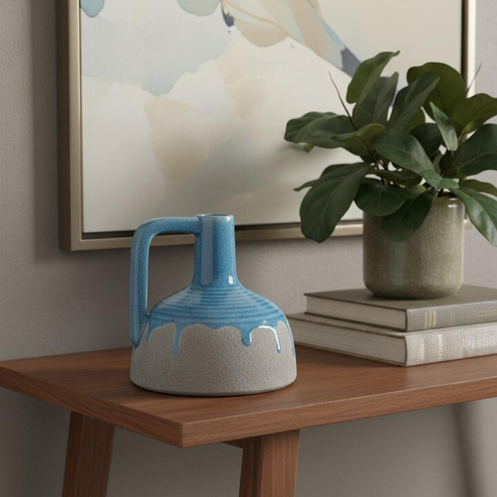 HomeRoots 9" Blue And Gray Ceramic Urn Jug Vase