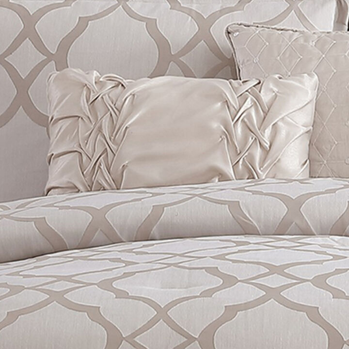 9pc Queen Size Comforter Set with Quatrefoil Prints, White Polyester - Benzara