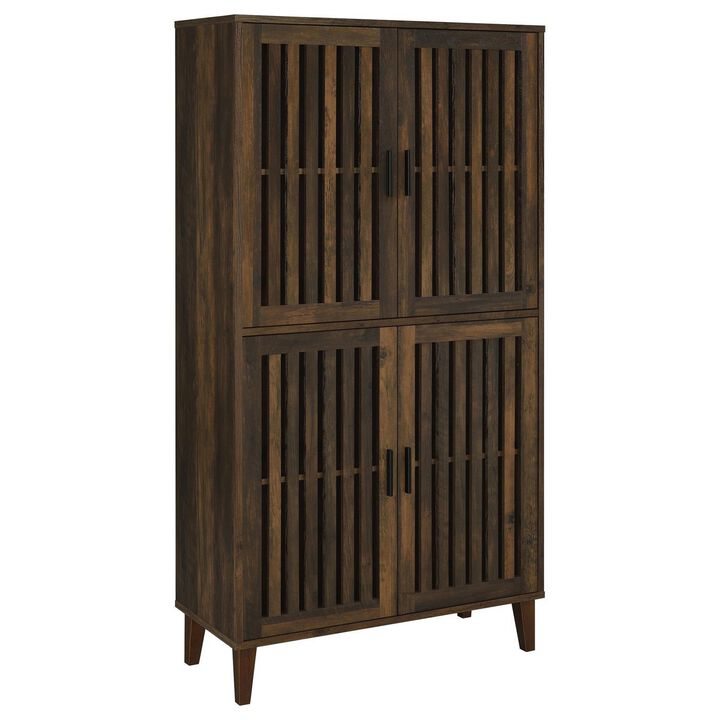 69 Inch Tall Accent Cabinet, Vertical Slatted Design, Brown and Black  - Benzara