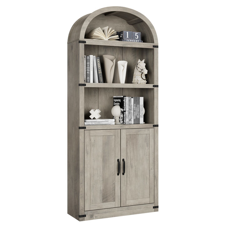 Vintage Farmhouse Arched 5-Tier Wooden Bookcase with Doors, Tall Display Cabinet for Living Room, Home Office and Bedroom